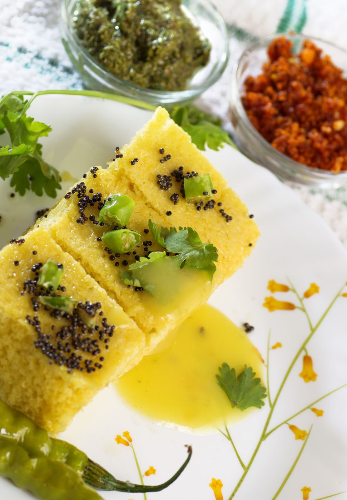 Close-up top-down photo of steamed Khaman squares